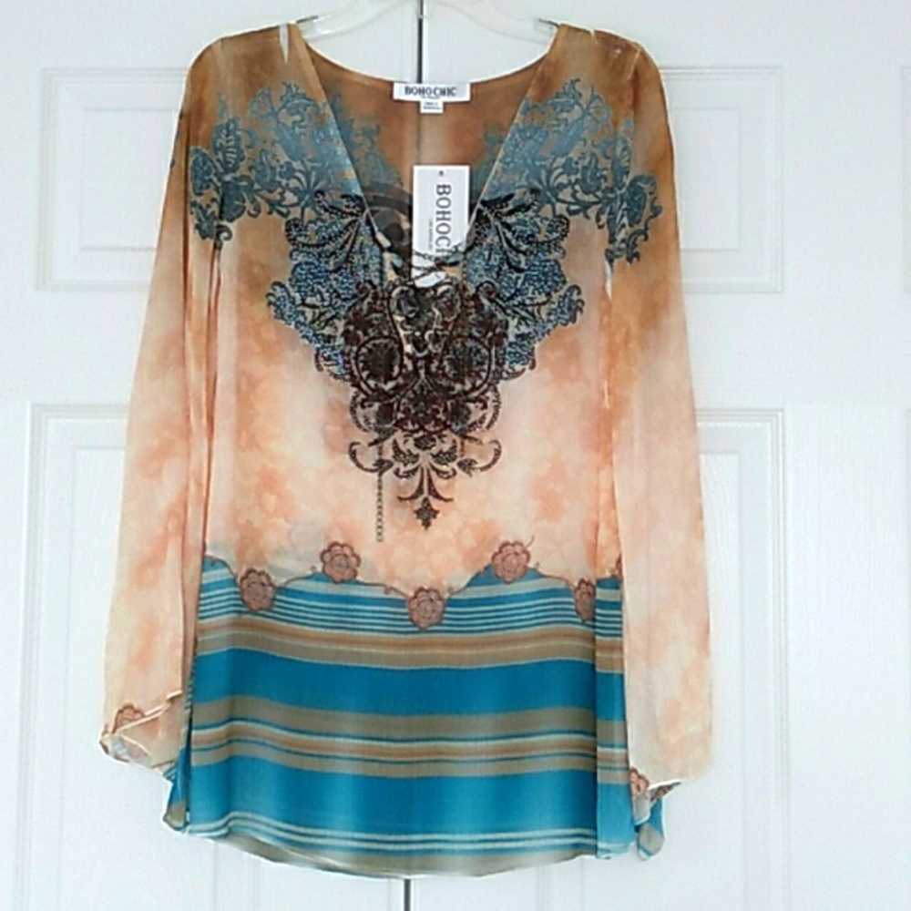 Boho Chic Aqua & Gold Bohemian Chiffon Long Sleeve Top